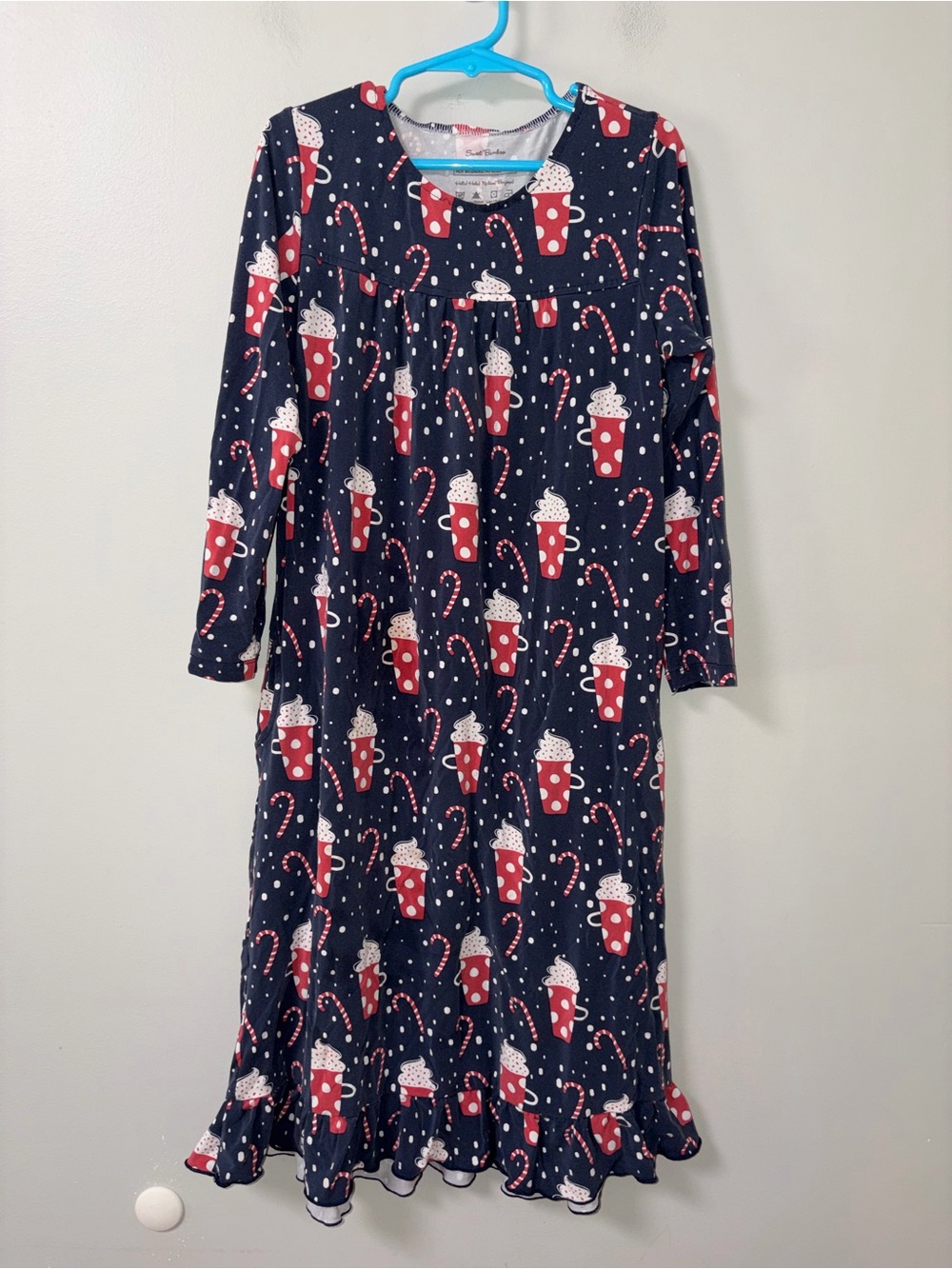 Sweet Bamboo Navy Cocoa Mugs & Candy Canes Boho Dress Ruffle Hem Festive Sz 10